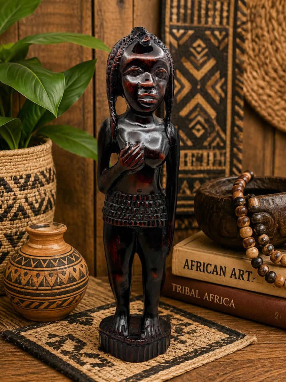 VTG Hand Carved African Woman Sculpture Figure 15.5" Ebony Style Tribal Folk Art